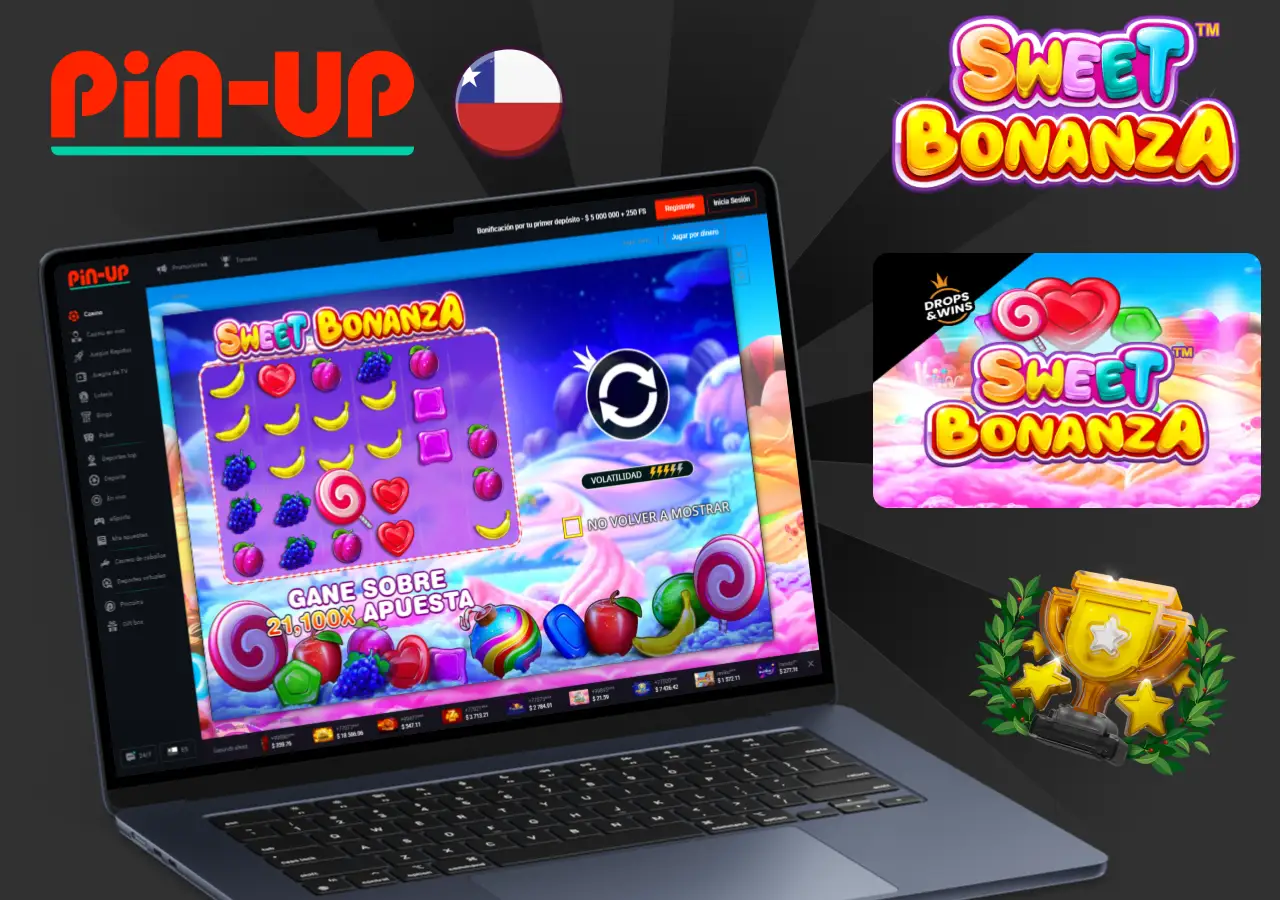 Vista de la tragamonedas Sweet Bonanza en una laptop, destacando los premios y la interfaz del juego en Pin-Up Chile
