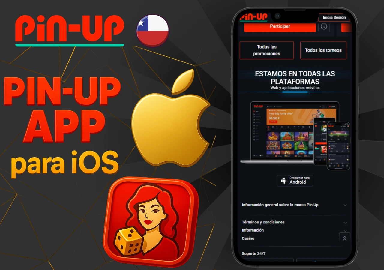 Teléfono mostrando la aplicación de Pin-Up Chile junto al logotipo dorado de Apple y el ícono de la app para iOS