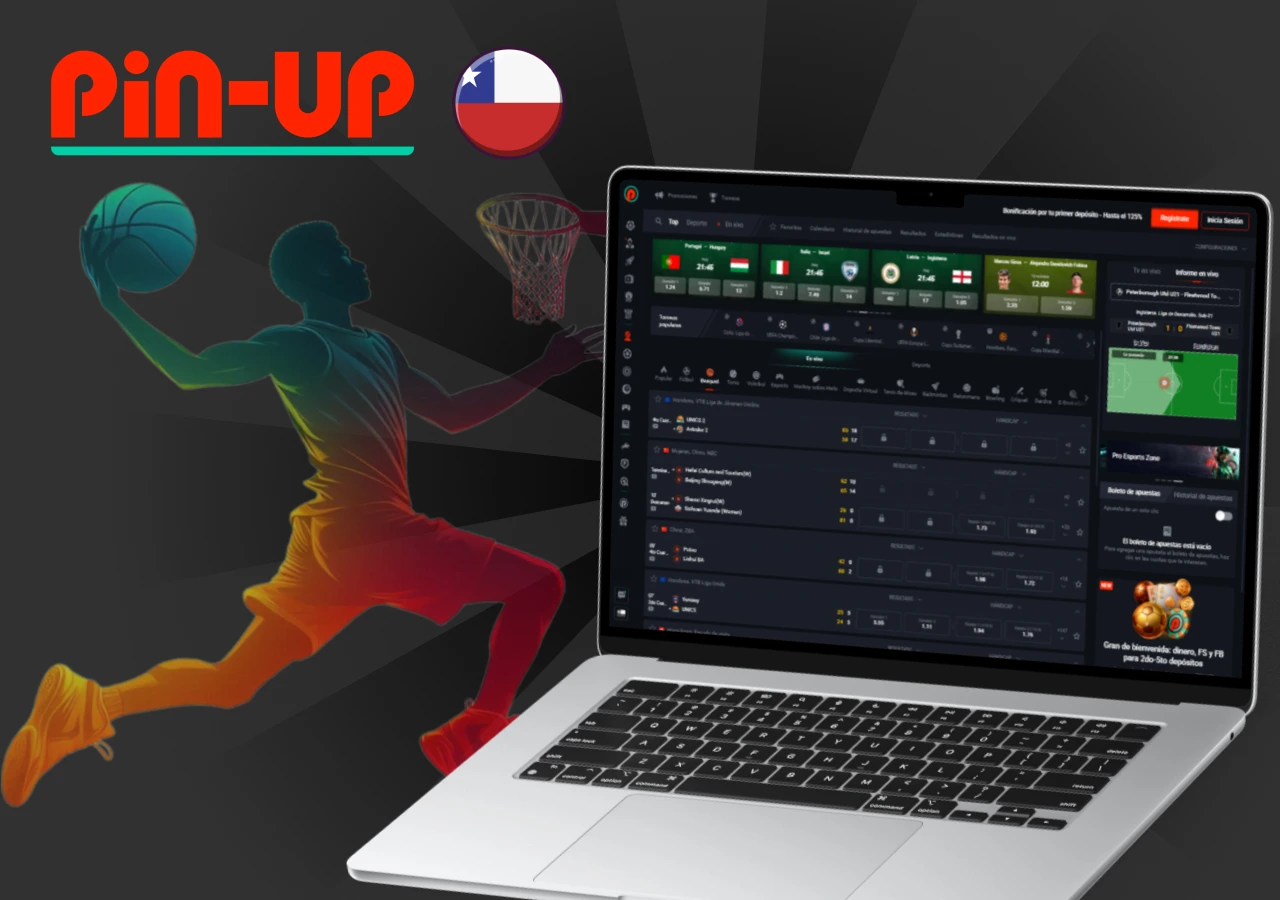 Jugador de baloncesto con laptop mostrando apuestas deportivas en vivo del sitio Pin-Up Chile en fondo oscuro dinámico